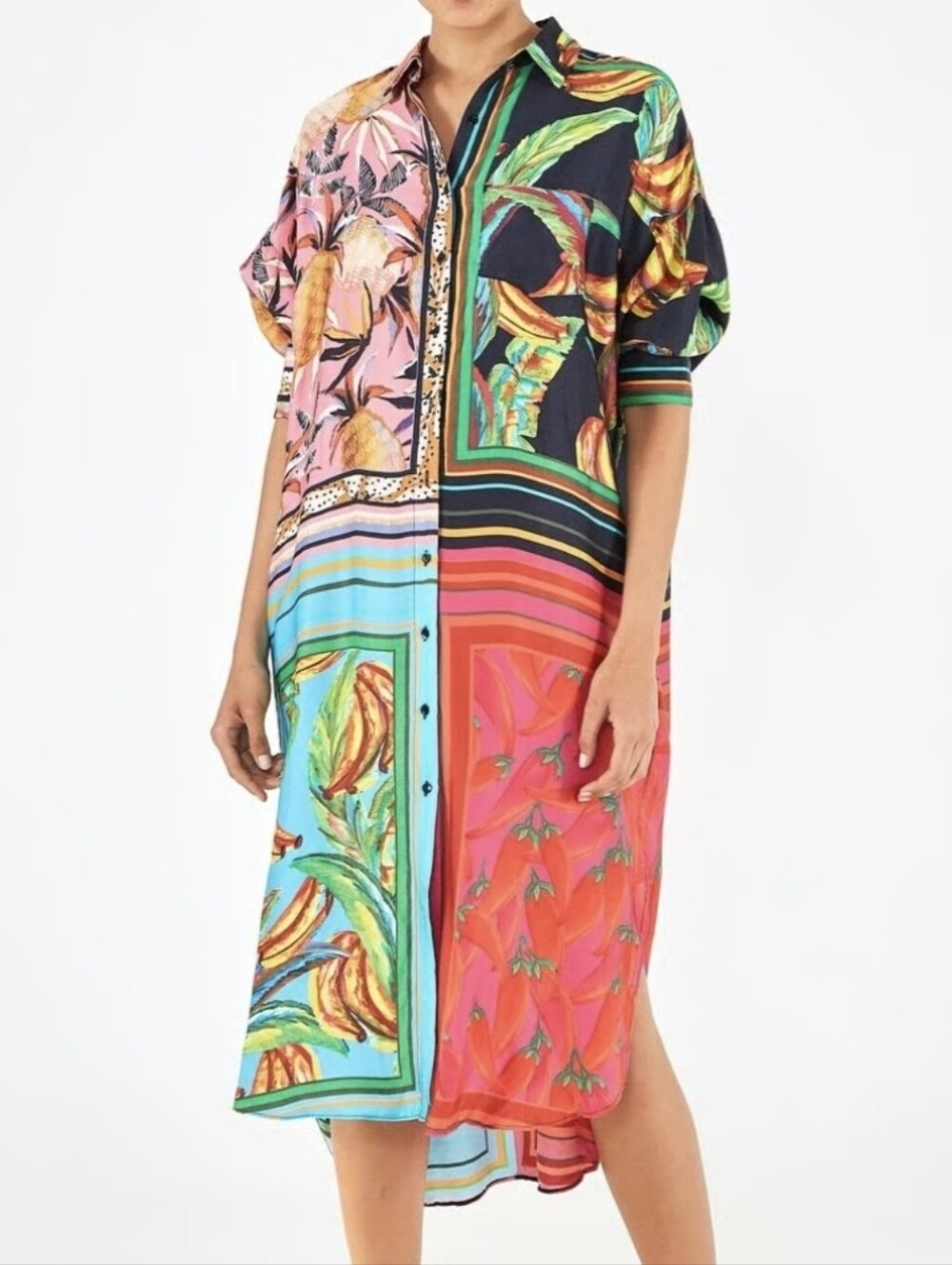 FARM Rio Scarf  Bright Multicolor Tropical Patchwork Midi Shirt Dress Sz XL